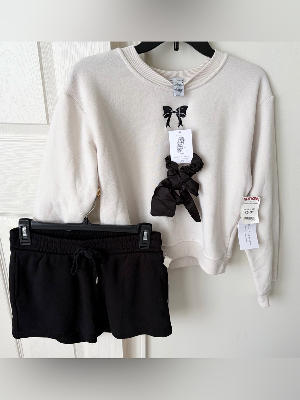 White Bow Crewneck & Black Sweatshorts Matching Set